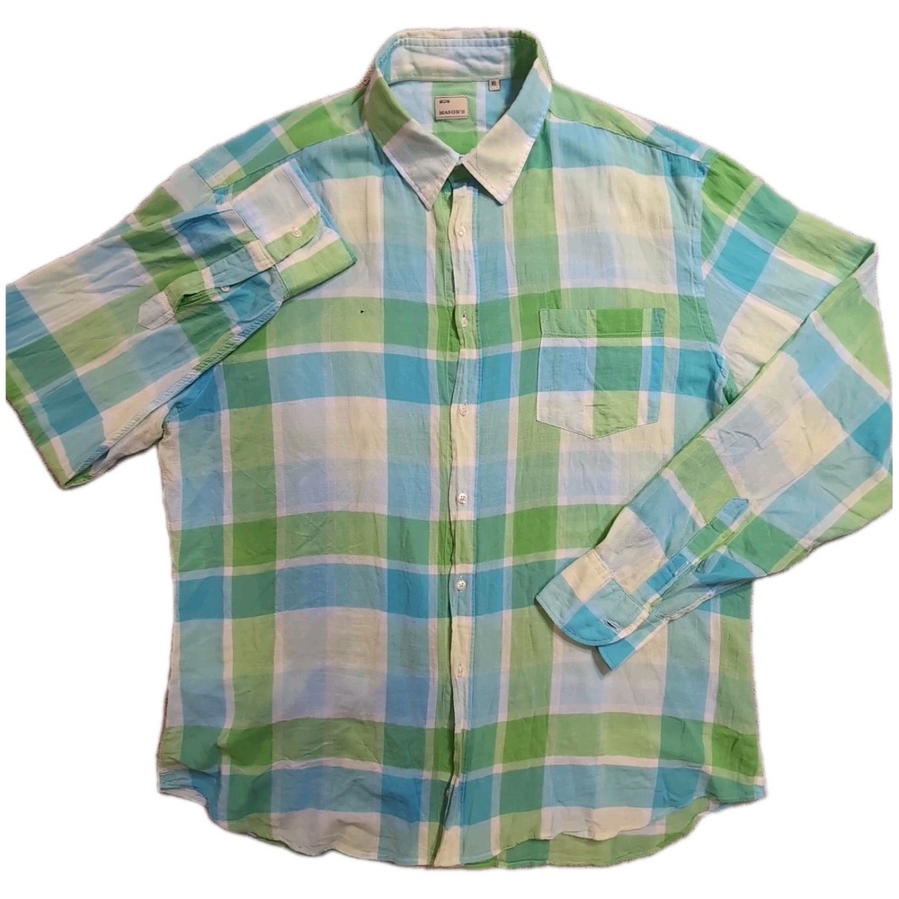 Mason's Green Blue White Light Weight Cotton Plaid Shirt Size Medium Classic